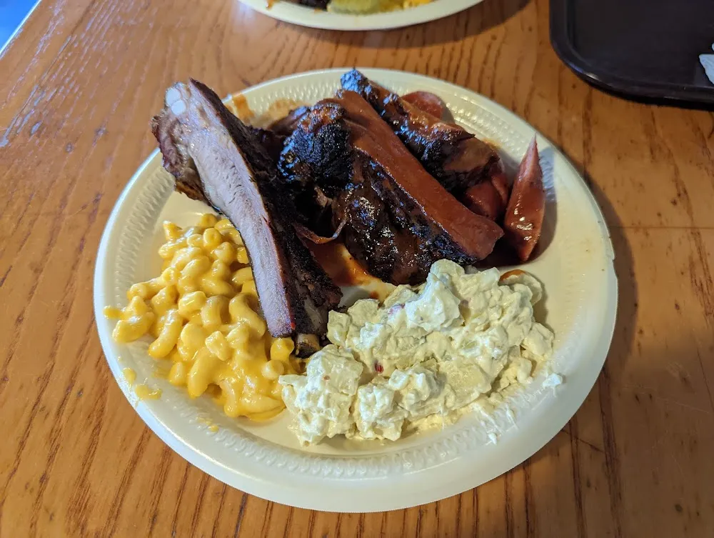 3 Meat Plate Brisket Sausage and Ribs with Potato Salad and Mac and Cheese