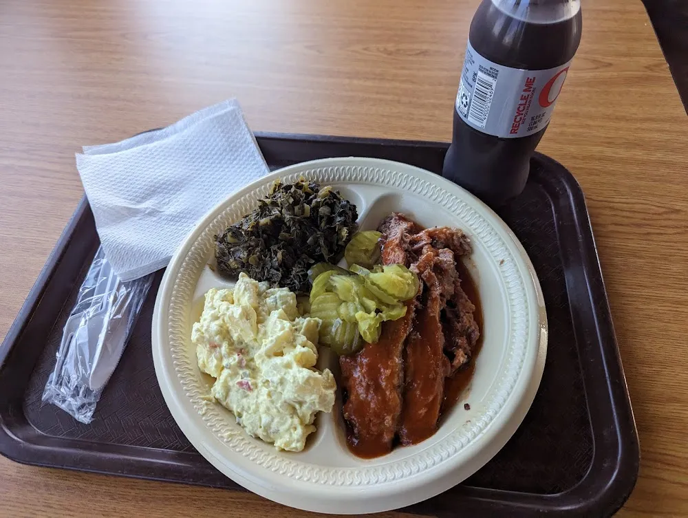 Sliced Brisket Plate with Greens and Potato Salad